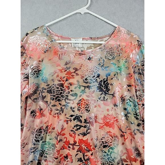 Clint Honolulu Colorful Tropical Floral 3/4 Sleeve Blouse Large Stretch Sheer - Picture 3 of 12